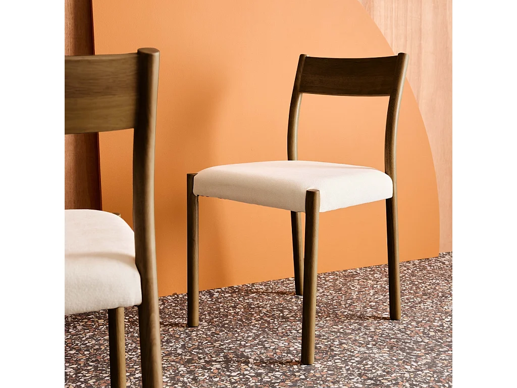 Lot de 2 chaises bohème bois d'hévéa noyer et tissu. L 49.5 x P 53 x H 82cm - ELLA