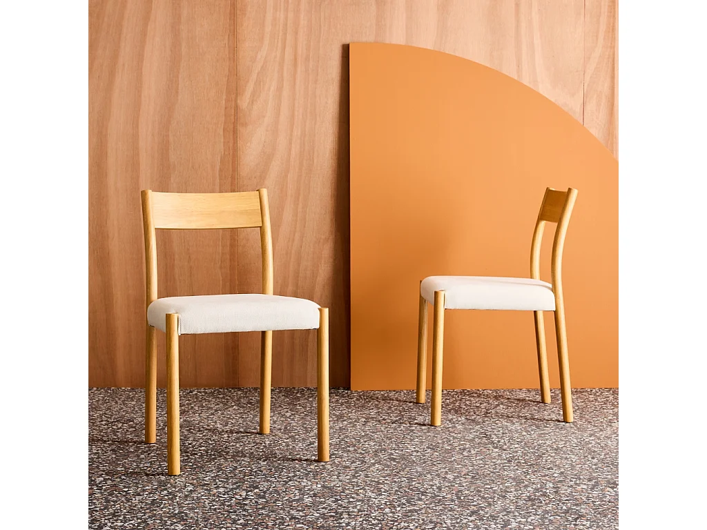 Lot de 2 chaises bohème bois d'hévéa naturel et tissu. L 49.5 x P 53 x H 82cm - ELLA