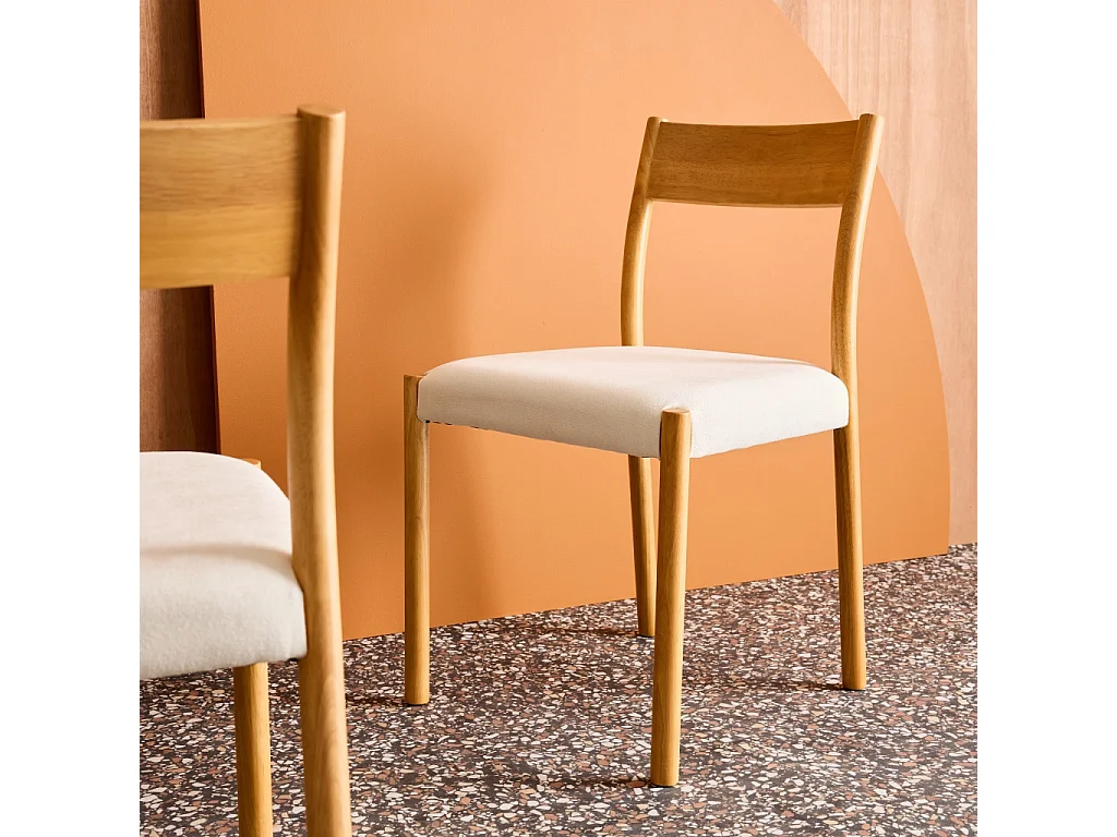 Lot de 2 chaises bohème bois d'hévéa naturel et tissu. L 49.5 x P 53 x H 82cm - ELLA