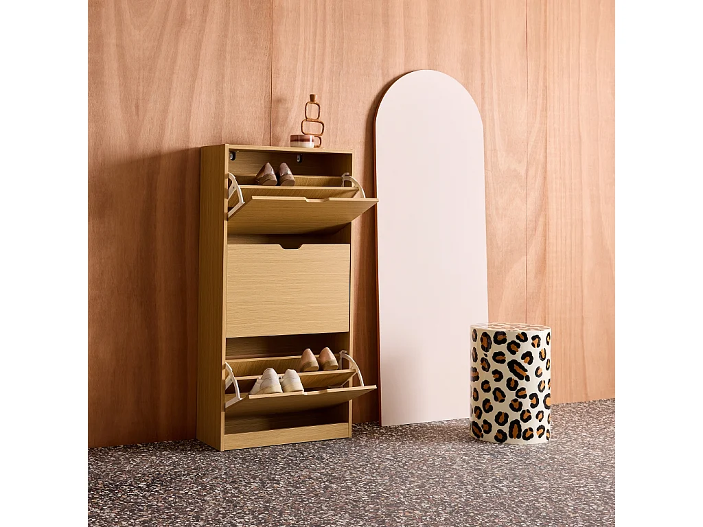 Mueble zapatero decorativo de madera con 3 cajones roble