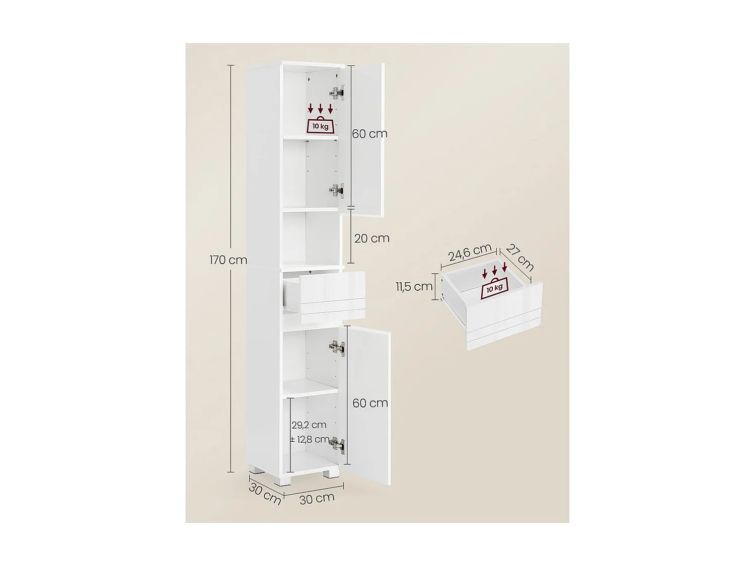 Colonne de salle de bain 2 portes, 1 tiroir et 1 niche - H170 cm