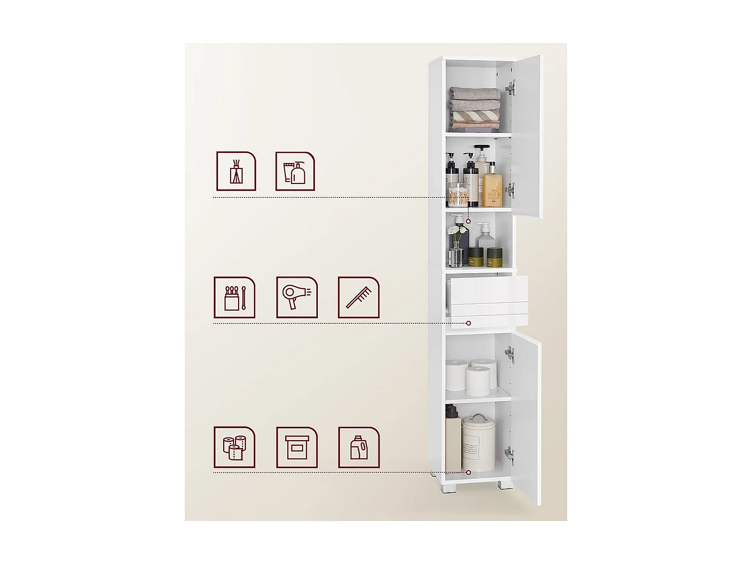 Colonne de salle de bain 2 portes, 1 tiroir et 1 niche - H170 cm