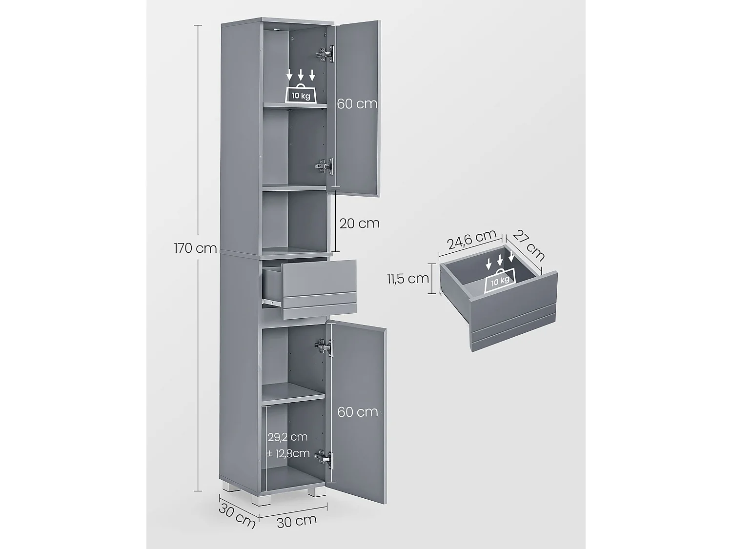 Colonne de salle de bain 2 portes, 1 tiroir et 1 niche - H170 cm
