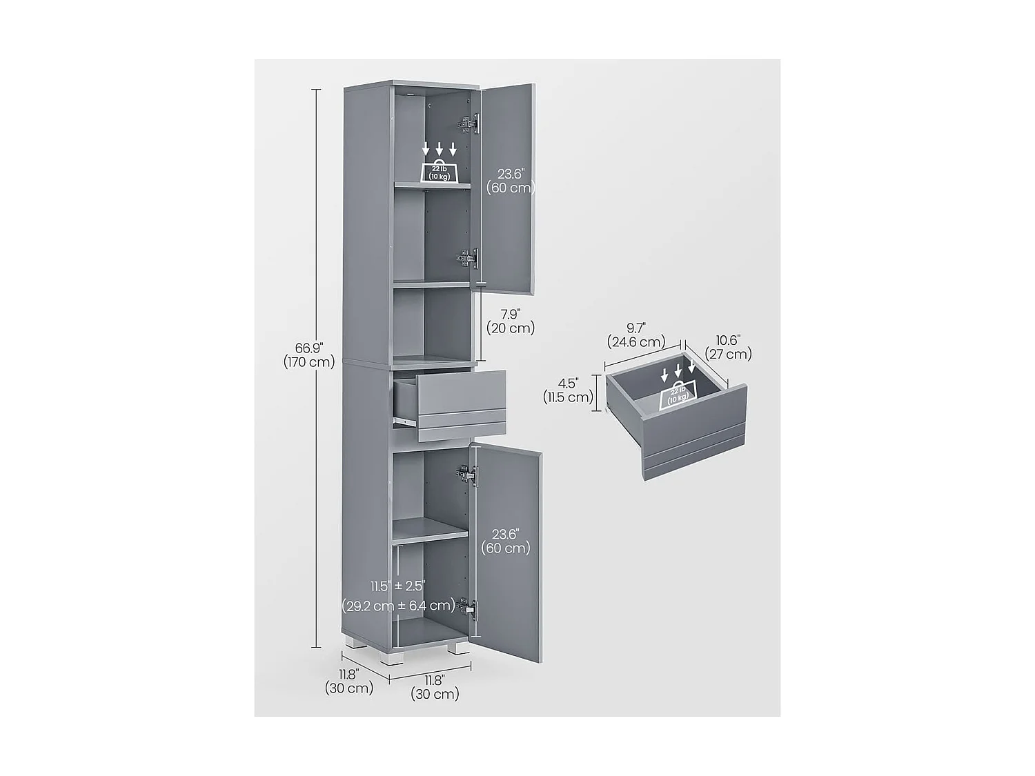 Colonne de salle de bain 2 portes, 1 tiroir et 1 niche - H170 cm