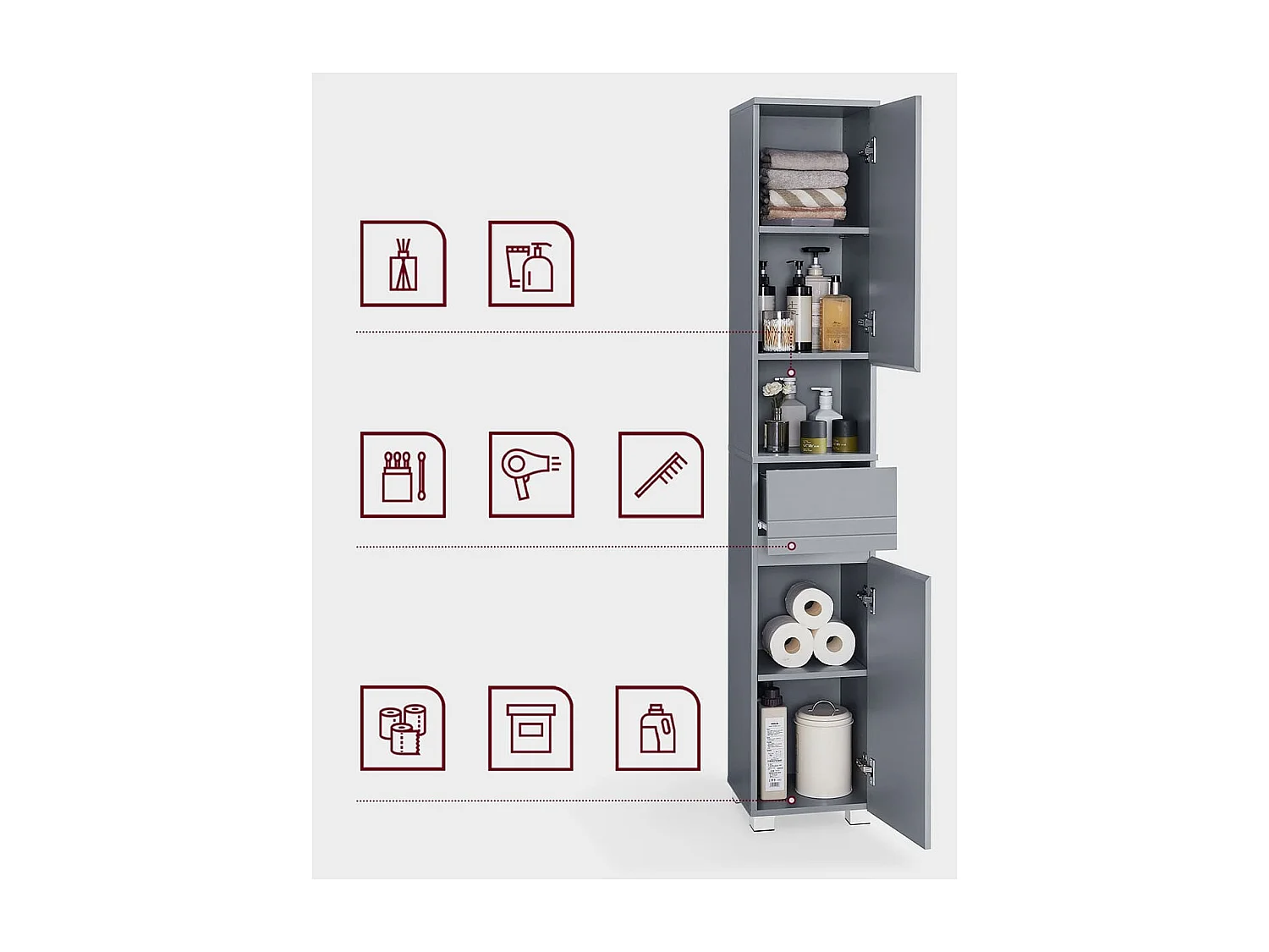 Colonne de salle de bain 2 portes, 1 tiroir et 1 niche - H170 cm