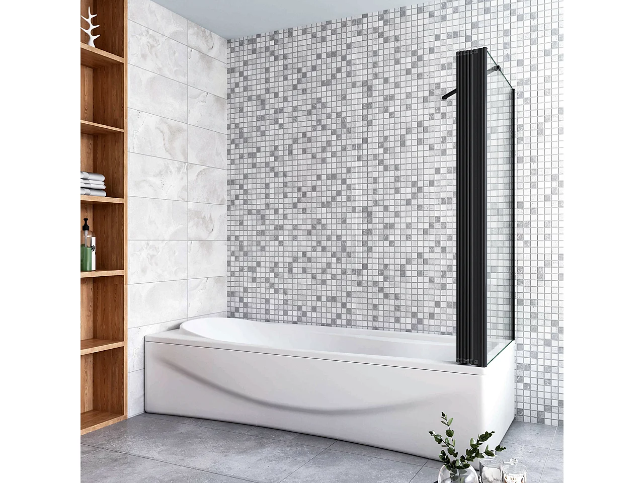 Parete Vasca Doccia 120x70cm Sopravasca Angolare 5 Ante Pieghevoli Vetro Temperato da 4 mm con Parete Laterale da 6 mm H.140cm Telai Neri Opachi