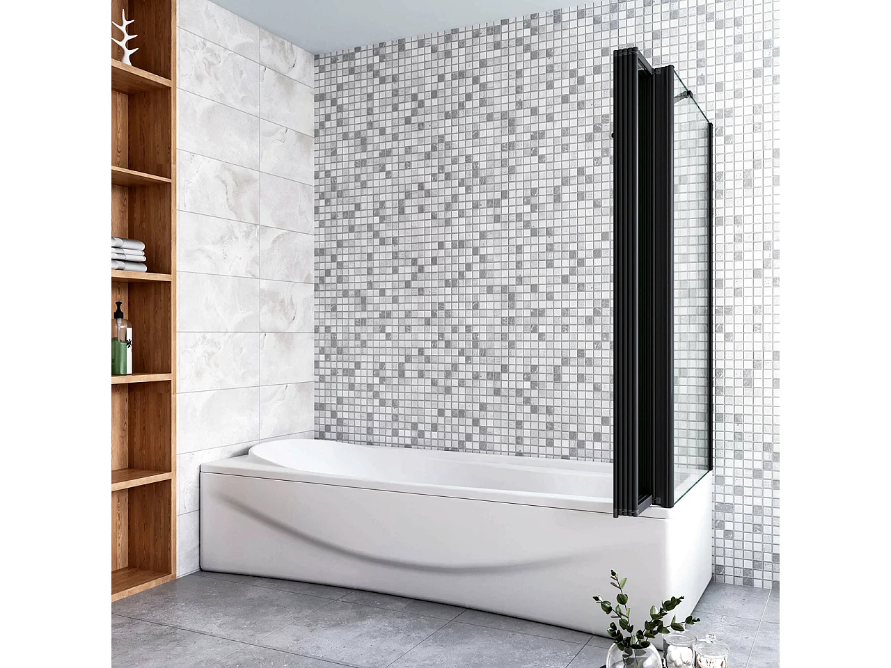 Parete Vasca Doccia 120x70cm Sopravasca Angolare 5 Ante Pieghevoli Vetro Temperato da 4 mm con Parete Laterale da 6 mm H.140cm Telai Neri Opachi