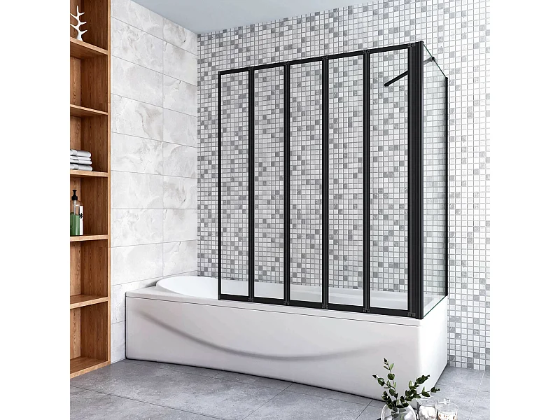 Parete Vasca Doccia 120x70cm Sopravasca Angolare 5 Ante Pieghevoli Vetro Temperato da 4 mm con Parete Laterale da 6 mm H.140cm Telai Neri Opachi