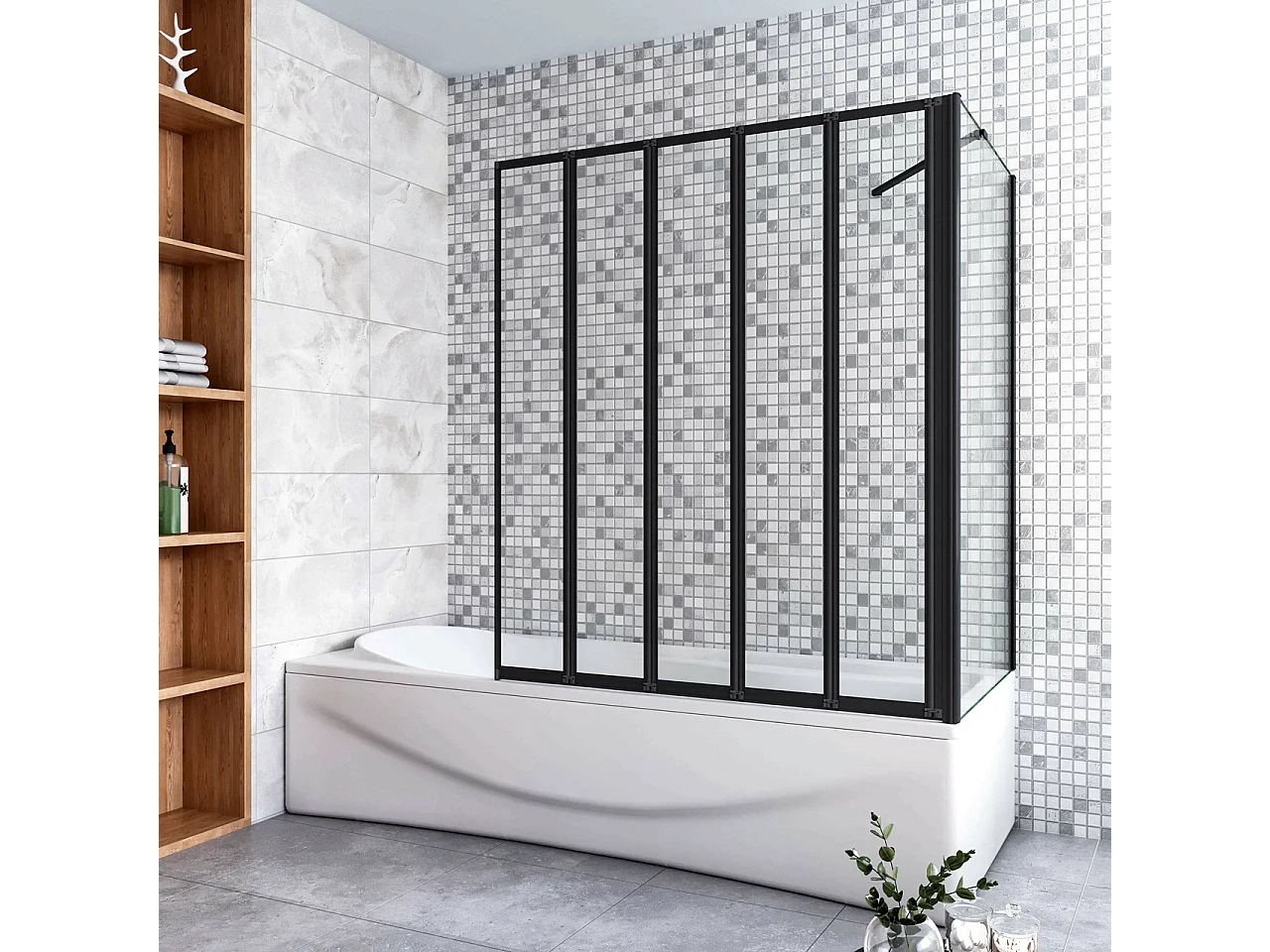 Parete Vasca Doccia 120x75cm Sopravasca Angolare 5 Ante Pieghevoli Vetro Temperato da 4 mm con Parete Laterale da 6 mm H.140cm Telai Neri Opachi