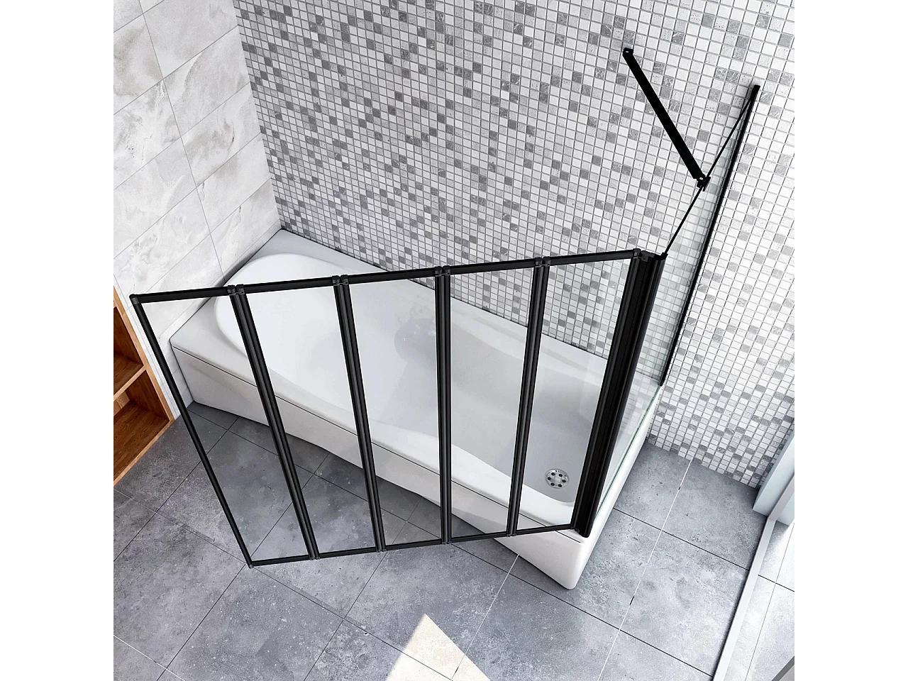 Parete Vasca Doccia 120x75cm Sopravasca Angolare 5 Ante Pieghevoli Vetro Temperato da 4 mm con Parete Laterale da 6 mm H.140cm Telai Neri Opachi