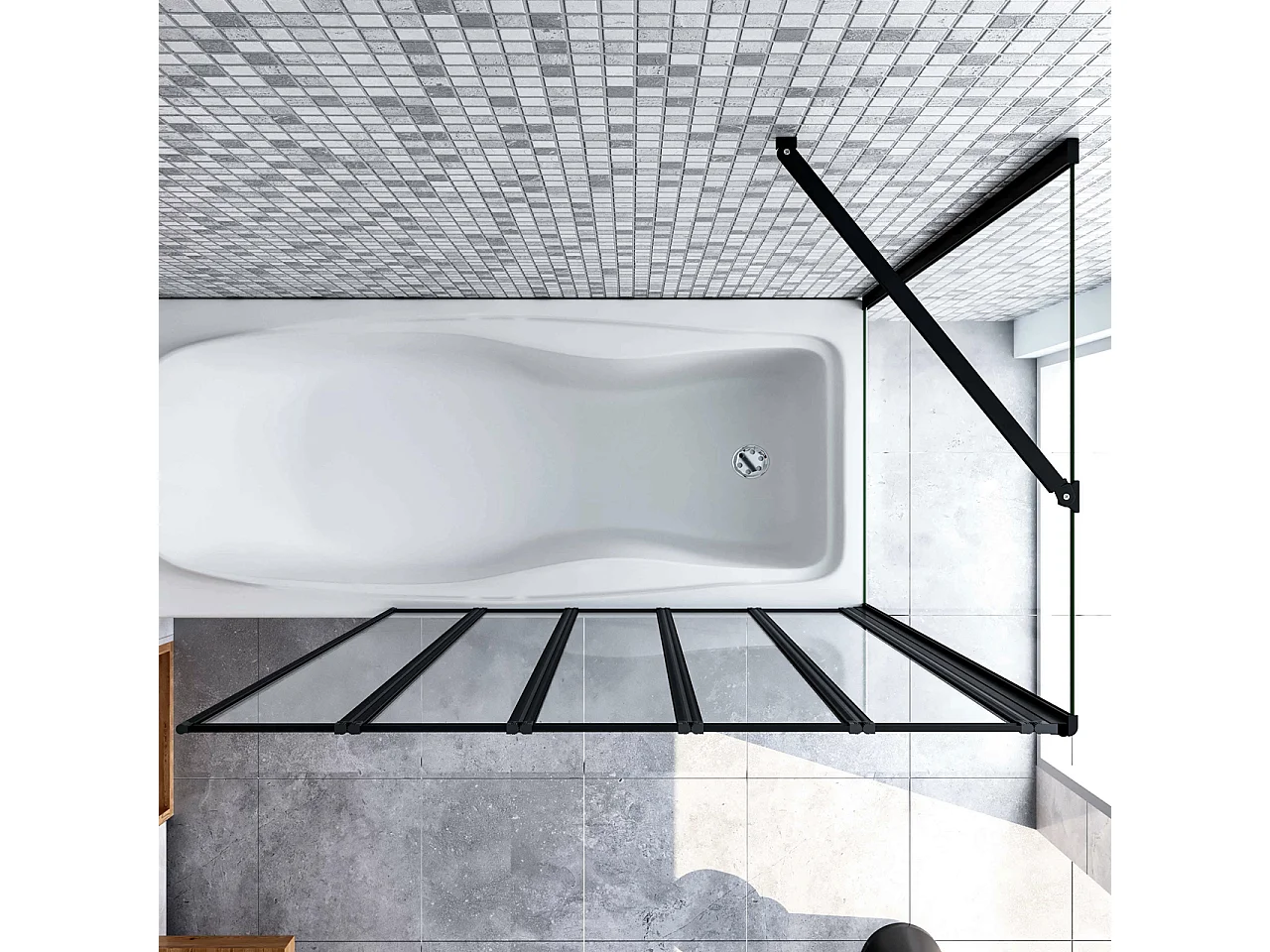 Parete Vasca Doccia 120x75cm Sopravasca Angolare 5 Ante Pieghevoli Vetro Temperato da 4 mm con Parete Laterale da 6 mm H.140cm Telai Neri Opachi