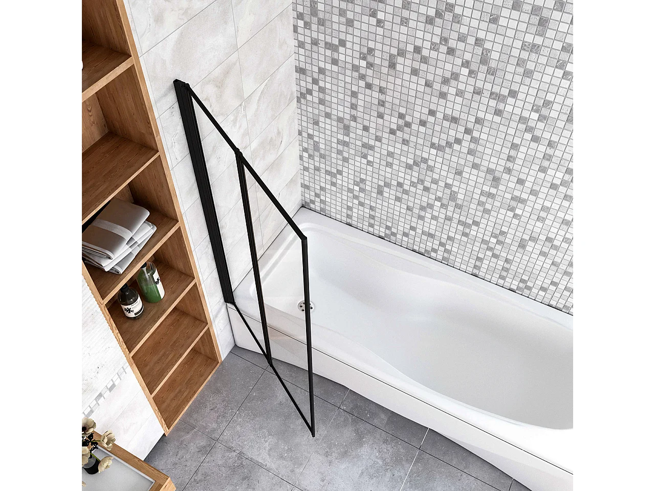 Sopravasca 90x140 cm Parete Doccia per Vasca 2 Antine Pieghevoli a Libro Vetro Temperato Trasparente Da 4 mm Profilo Nero Opaco