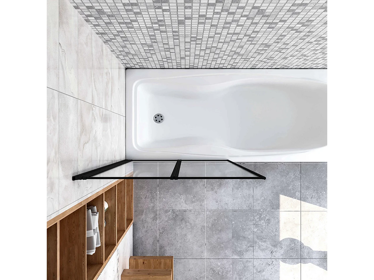 Sopravasca 90x140 cm Parete Doccia per Vasca 2 Antine Pieghevoli a Libro Vetro Temperato Trasparente Da 4 mm Profilo Nero Opaco