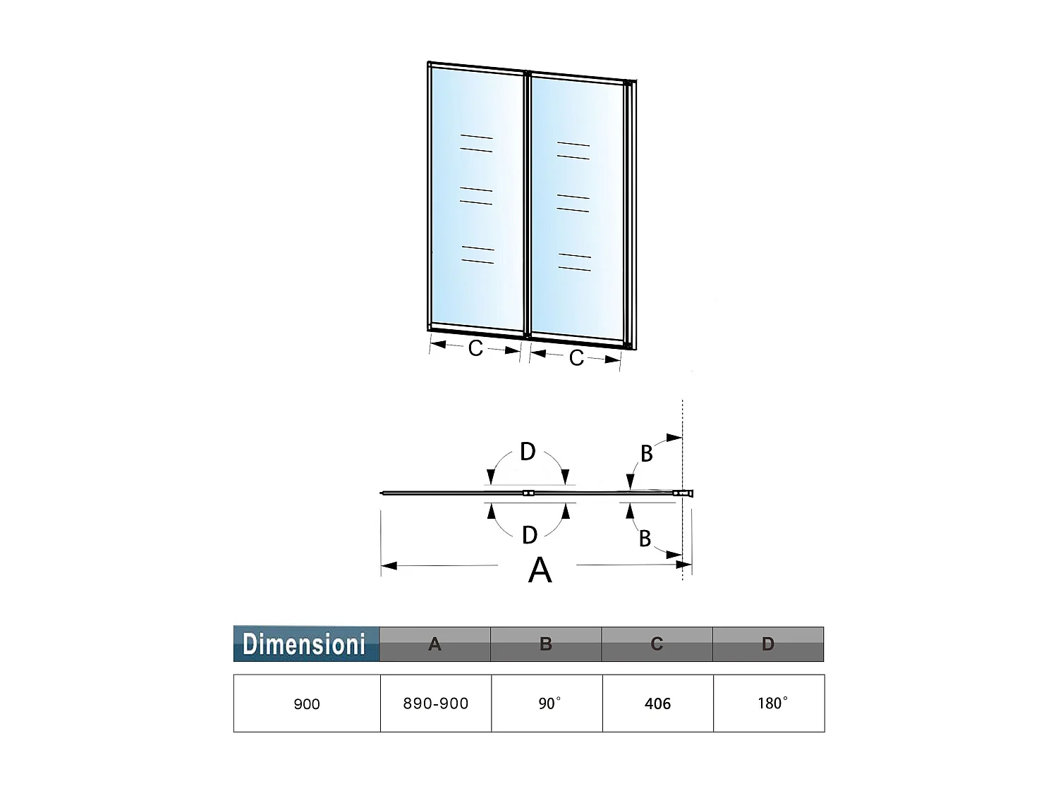 Sopravasca 90x140 cm Parete Doccia per Vasca 2 Antine Pieghevoli a Libro Vetro Temperato Trasparente Da 4 mm Profilo Nero Opaco