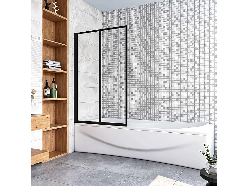 Sopravasca 90x140 cm Parete Doccia per Vasca 2 Antine Pieghevoli a Libro Vetro Temperato Trasparente Da 4 mm Profilo Nero Opaco