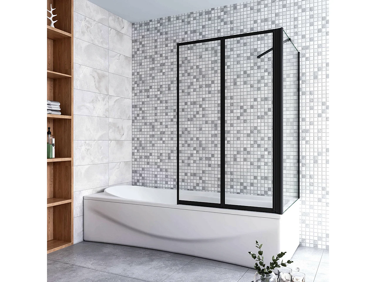 Parete Vasca Doccia 90x75cm Sopravasca Angolare 2 Ante Pieghevoli Vetro Temperato da 4 mm con Parete Laterale da 6 mm H.140cm Telai Neri Opachi