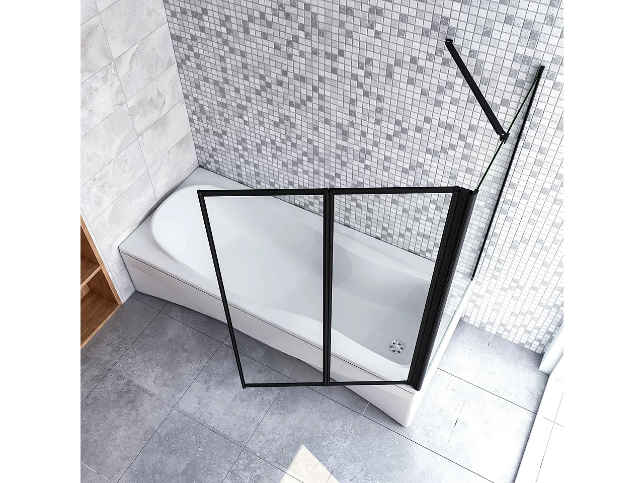 Parete Vasca Doccia 90x75cm Sopravasca Angolare 2 Ante Pieghevoli Vetro Temperato da 4 mm con Parete Laterale da 6 mm H.140cm Telai Neri Opachi