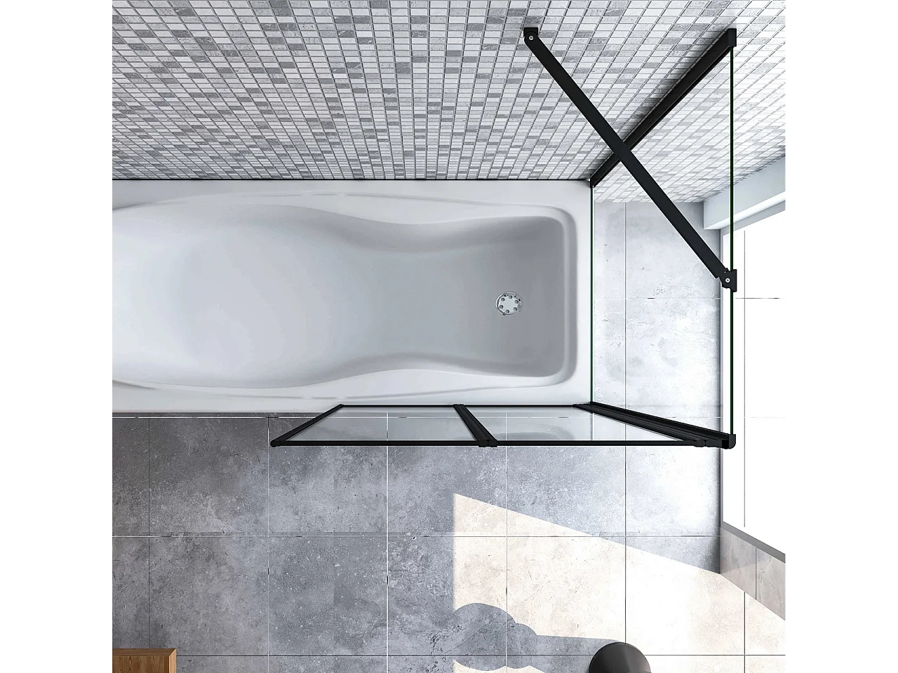 Parete Vasca Doccia 90x75cm Sopravasca Angolare 2 Ante Pieghevoli Vetro Temperato da 4 mm con Parete Laterale da 6 mm H.140cm Telai Neri Opachi