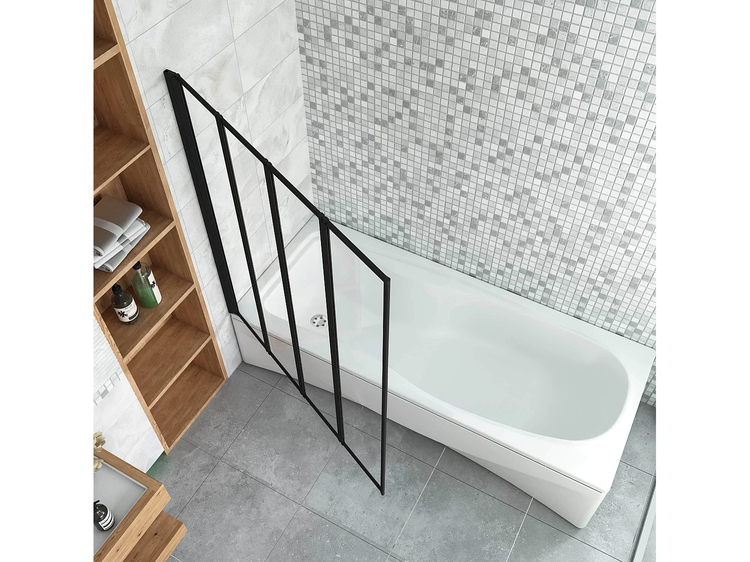 Sopravasca 100x140 cm Parete Doccia per Vasca 4 Antine Pieghevoli a Libro Vetro Temperato Trasparente Da 4 mm Profilo Nero Opaco