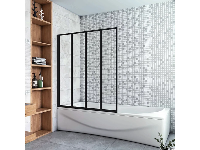 Sopravasca 100x140 cm Parete Doccia per Vasca 4 Antine Pieghevoli a Libro Vetro Temperato Trasparente Da 4 mm Profilo Nero Opaco
