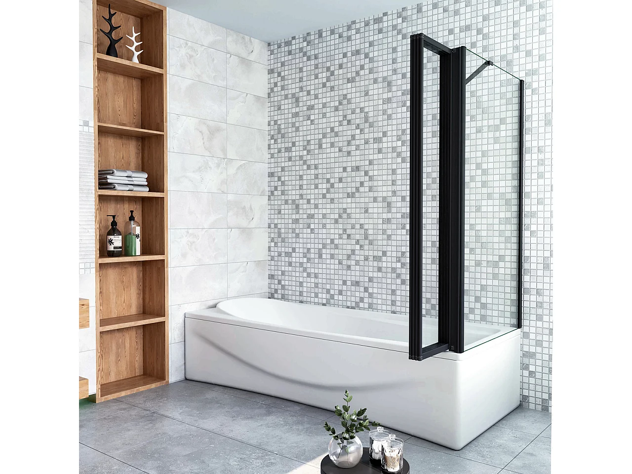 Parete Vasca Doccia 90x75cm Sopravasca Angolare 4 Ante Pieghevoli Vetro Temperato da 4 mm con Parete Laterale da 6 mm H.140cm Telai Neri Opachi