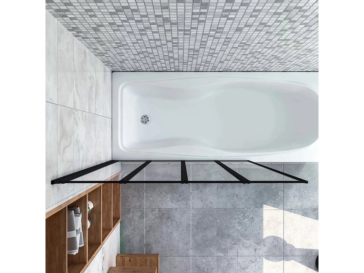 Sopravasca 90x140 cm Parete Doccia per Vasca 4 Antine Pieghevoli a Libro Vetro Temperato Trasparente Da 4 mm Profilo Nero Opaco