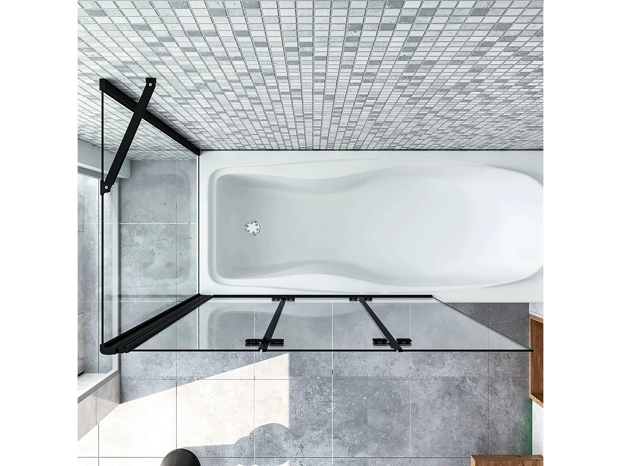 Parete Doccia Per Vasca con Lato Fisso 130x75 cm H.140 cm 3 Ante Pieghevoli a Libro in Vetro Temperato 6 mm Trasparente Anticalcare Telaio Nero Opaco