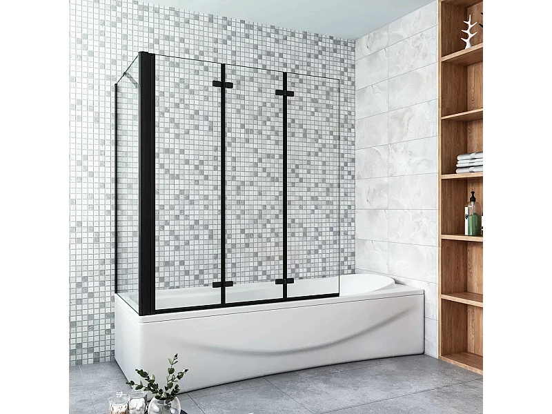 Parete Doccia Per Vasca con Lato Fisso 130x75 cm H.140 cm 3 Ante Pieghevoli a Libro in Vetro Temperato 6 mm Trasparente Anticalcare Telaio Nero Opaco