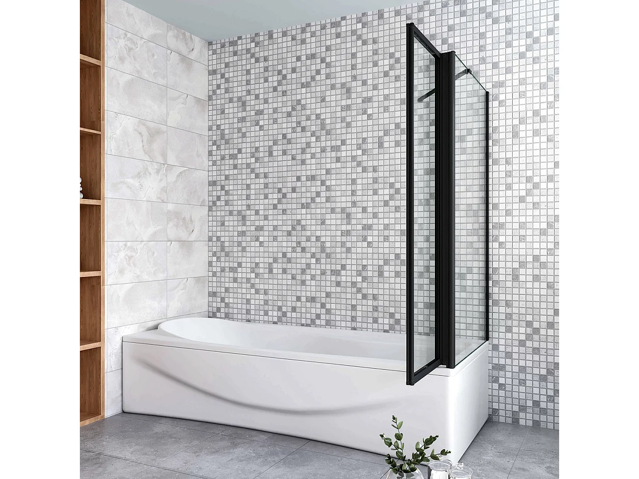 Parete Vasca Doccia 90x65cm Sopravasca Angolare 2 Ante Pieghevoli Vetro Temperato da 4 mm con Parete Laterale da 6 mm H.140cm Telai Neri Opachi