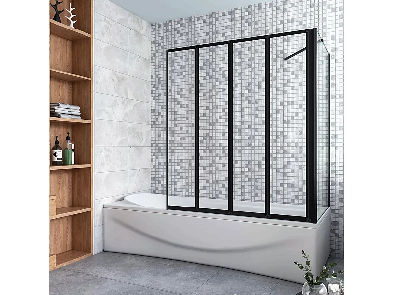 Parete Vasca Doccia 100x75cm Sopravasca Angolare 4 Ante Pieghevoli Vetro Temperato da 4 mm con Parete Laterale da 6 mm H.140cm Telai Neri Opachi