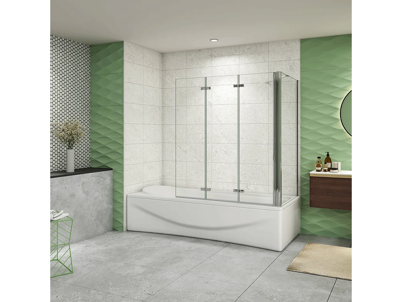 H.140 cm Parete Doccia Per Vasca con Lato Fisso 130x60 cm 3 Ante Pieghevoli a Libro Vetro Temperato 6 mm Trasparente Anticalcare Telaio Cromo Lucido