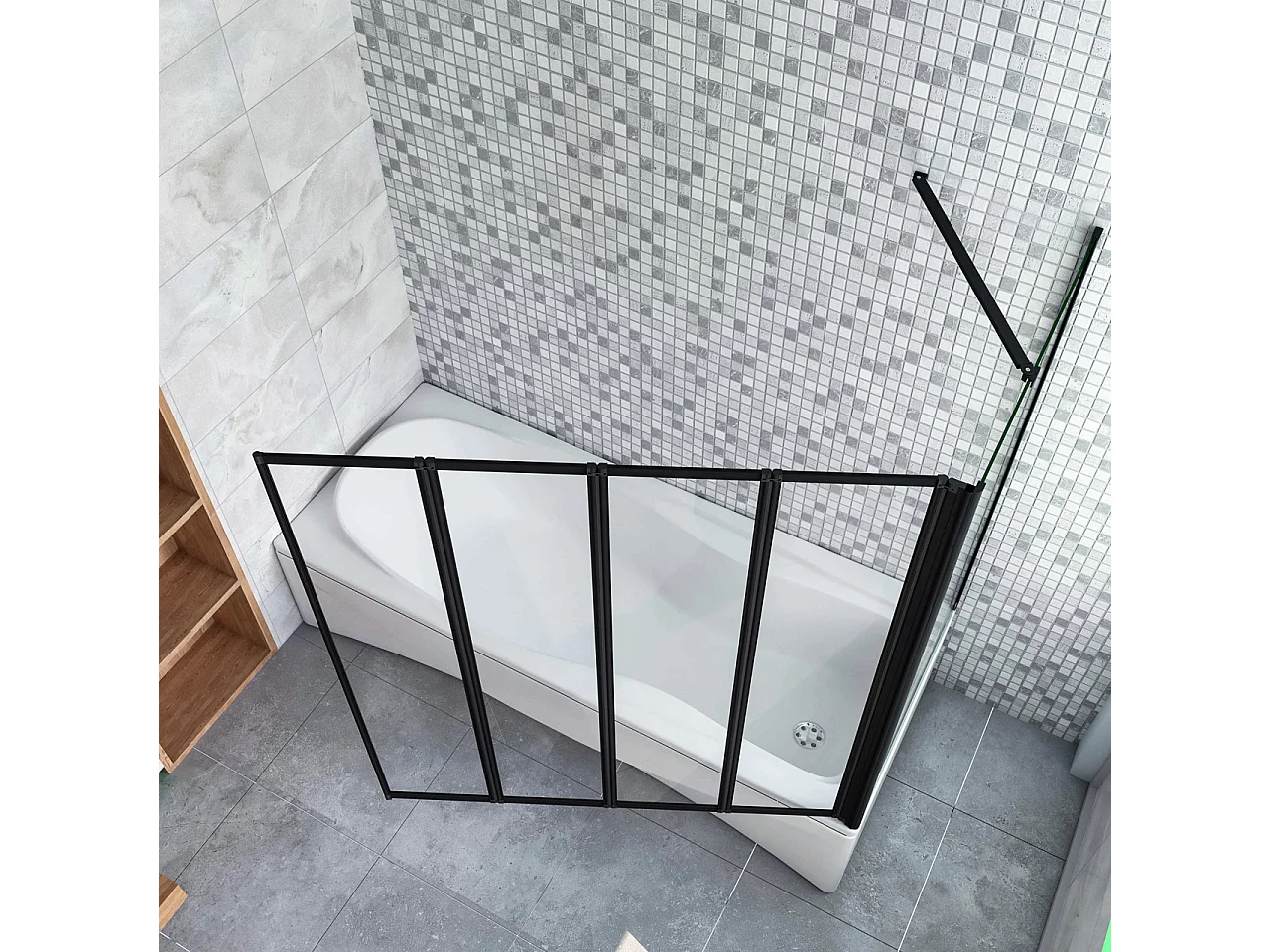 Parete Vasca Doccia 90x70cm Sopravasca Angolare 4 Ante Pieghevoli Vetro Temperato da 4 mm con Parete Laterale da 6 mm H.140cm Telai Neri Opachi