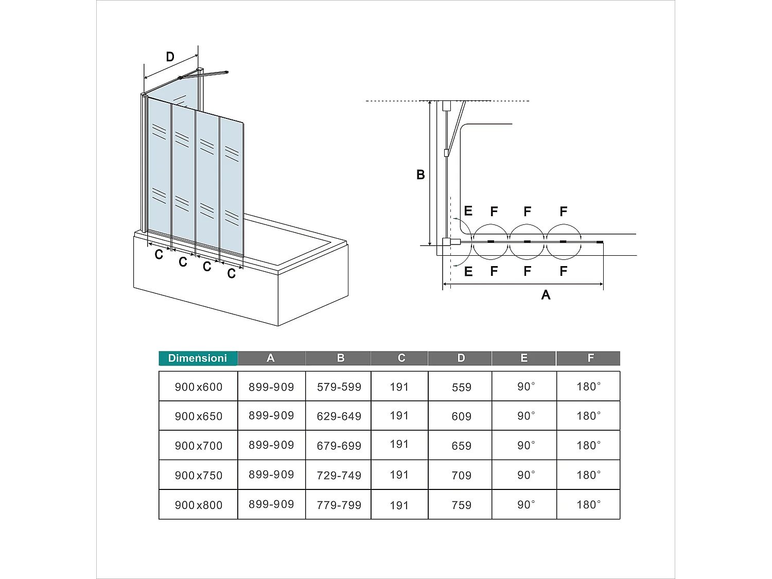 Parete Vasca Doccia 90x70cm Sopravasca Angolare 4 Ante Pieghevoli Vetro Temperato da 4 mm con Parete Laterale da 6 mm H.140cm Telai Neri Opachi