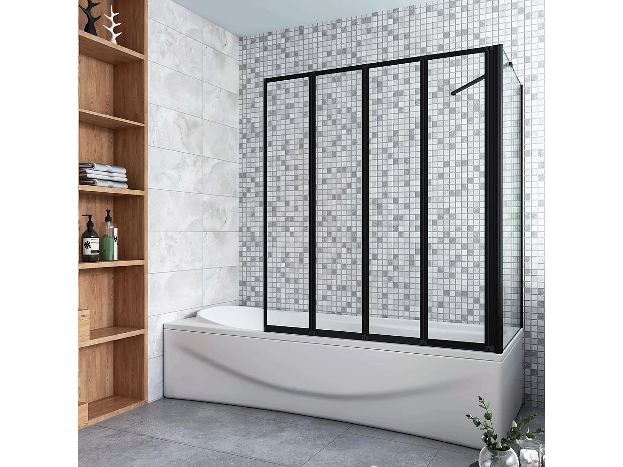 Parete Vasca Doccia 90x65cm Sopravasca Angolare 4 Ante Pieghevoli Vetro Temperato da 4 mm con Parete Laterale da 6 mm H.140cm Telai Neri Opachi