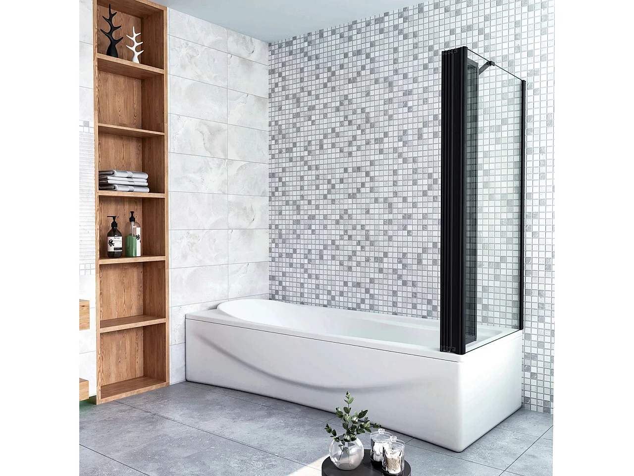Parete Vasca Doccia 90x65cm Sopravasca Angolare 4 Ante Pieghevoli Vetro Temperato da 4 mm con Parete Laterale da 6 mm H.140cm Telai Neri Opachi