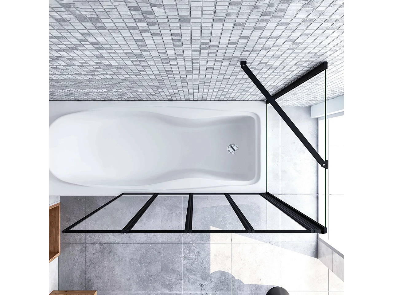 Parete Vasca Doccia 90x65cm Sopravasca Angolare 4 Ante Pieghevoli Vetro Temperato da 4 mm con Parete Laterale da 6 mm H.140cm Telai Neri Opachi