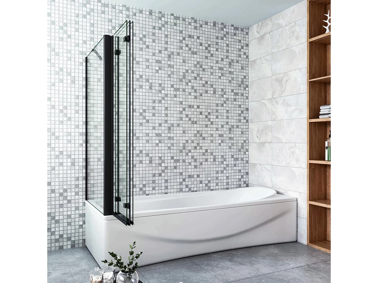 Parete Doccia Per Vasca con Lato Fisso 130x70 cm H.140 cm 3 Ante Pieghevoli a Libro in Vetro Temperato 6 mm Trasparente Anticalcare Telaio Nero Opaco