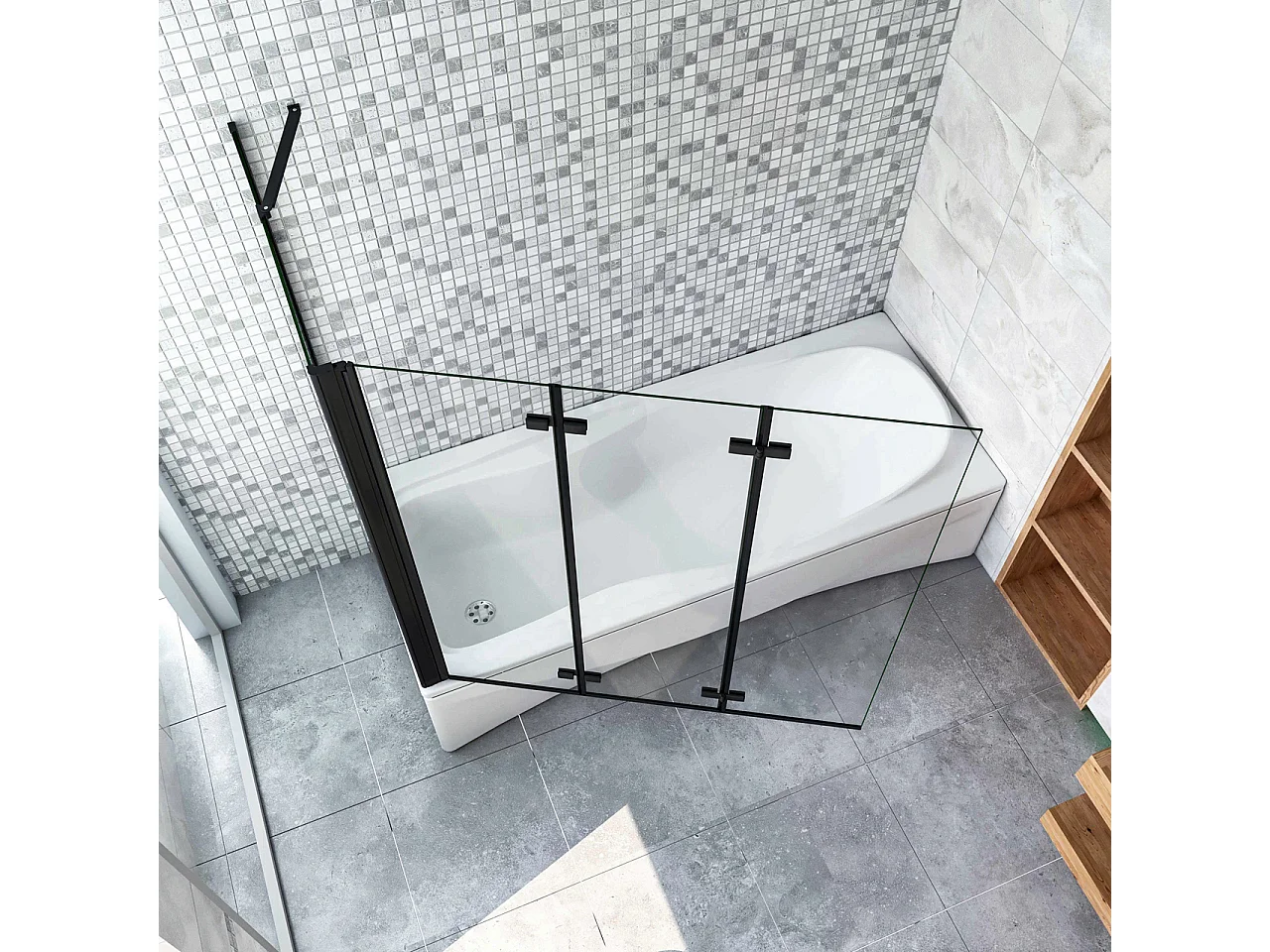 Parete Doccia Per Vasca con Lato Fisso 130x70 cm H.140 cm 3 Ante Pieghevoli a Libro in Vetro Temperato 6 mm Trasparente Anticalcare Telaio Nero Opaco