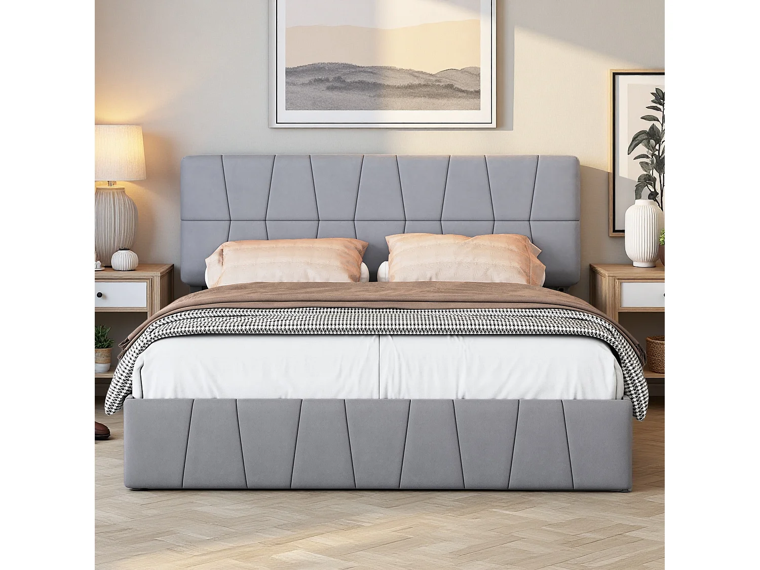 Moderne Grijze Fluweel Dubbel Bed met 4 Verborgen Laden, Stalen Frame, 160x200cm, Stille Wielen, Schuim met Hoge Dichtheid, Hypoallergeen