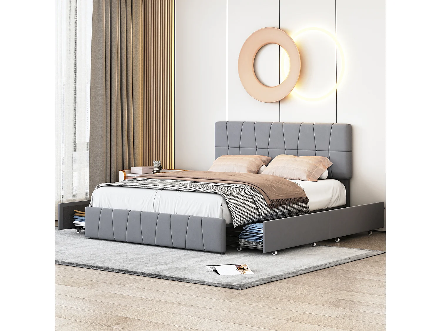 Moderne Grijze Fluweel Dubbel Bed met 4 Verborgen Laden, Stalen Frame, 160x200cm, Stille Wielen, Schuim met Hoge Dichtheid, Hypoallergeen