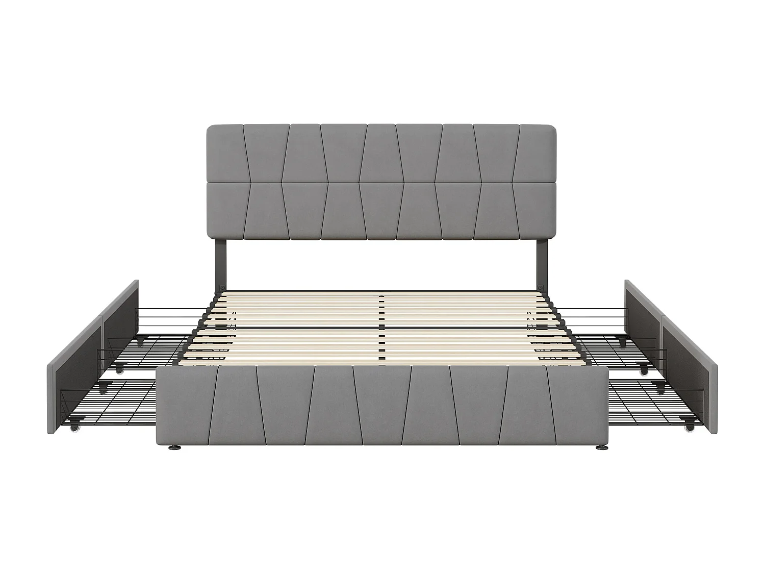 Moderne Grijze Fluweel Dubbel Bed met 4 Verborgen Laden, Stalen Frame, 160x200cm, Stille Wielen, Schuim met Hoge Dichtheid, Hypoallergeen