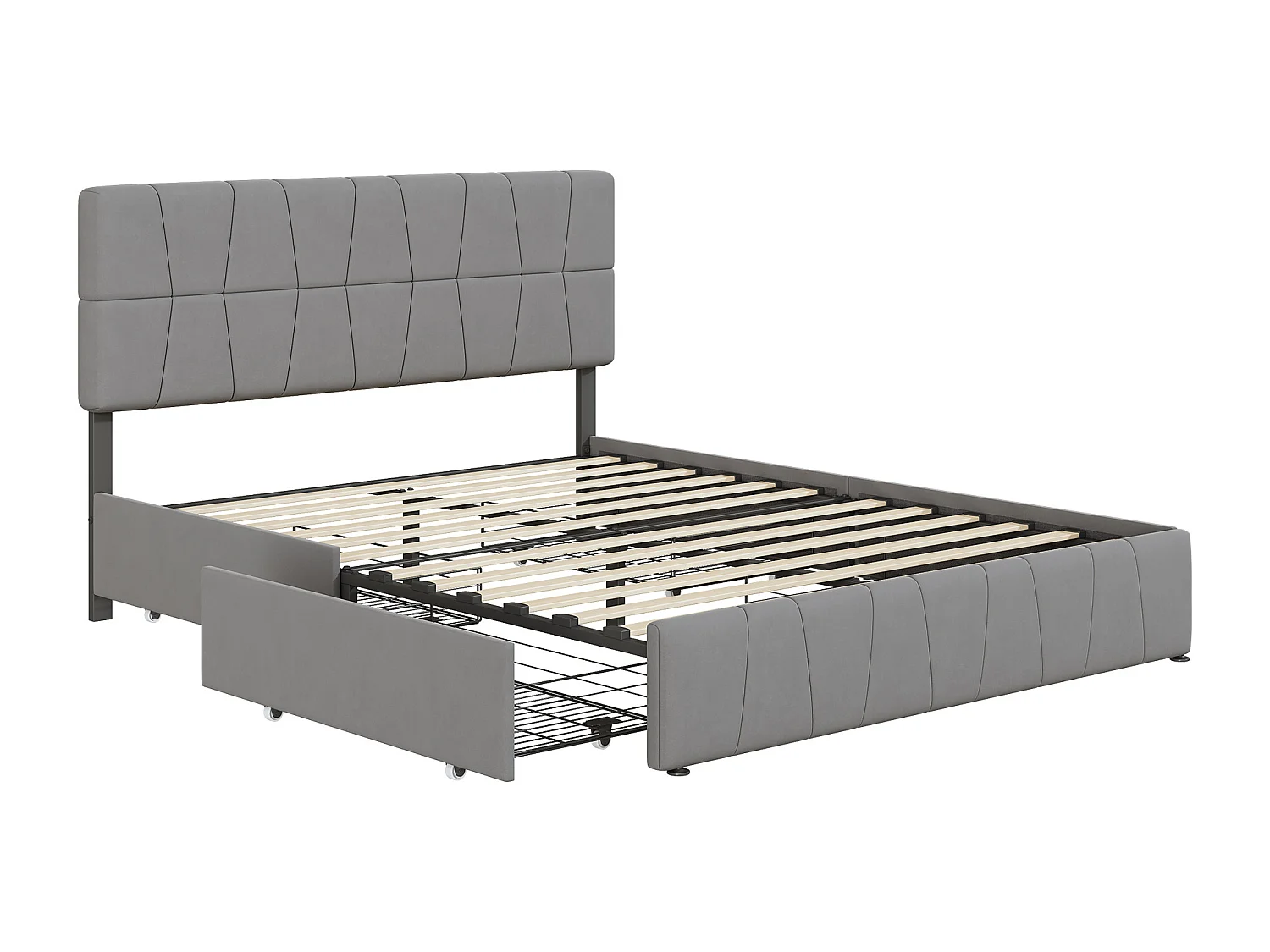 Moderne Grijze Fluweel Dubbel Bed met 4 Verborgen Laden, Stalen Frame, 160x200cm, Stille Wielen, Schuim met Hoge Dichtheid, Hypoallergeen