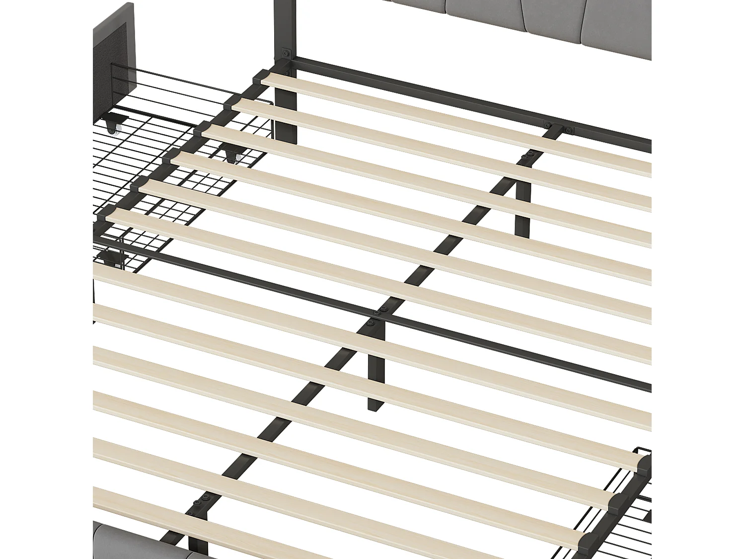 Moderne Grijze Fluweel Dubbel Bed met 4 Verborgen Laden, Stalen Frame, 160x200cm, Stille Wielen, Schuim met Hoge Dichtheid, Hypoallergeen