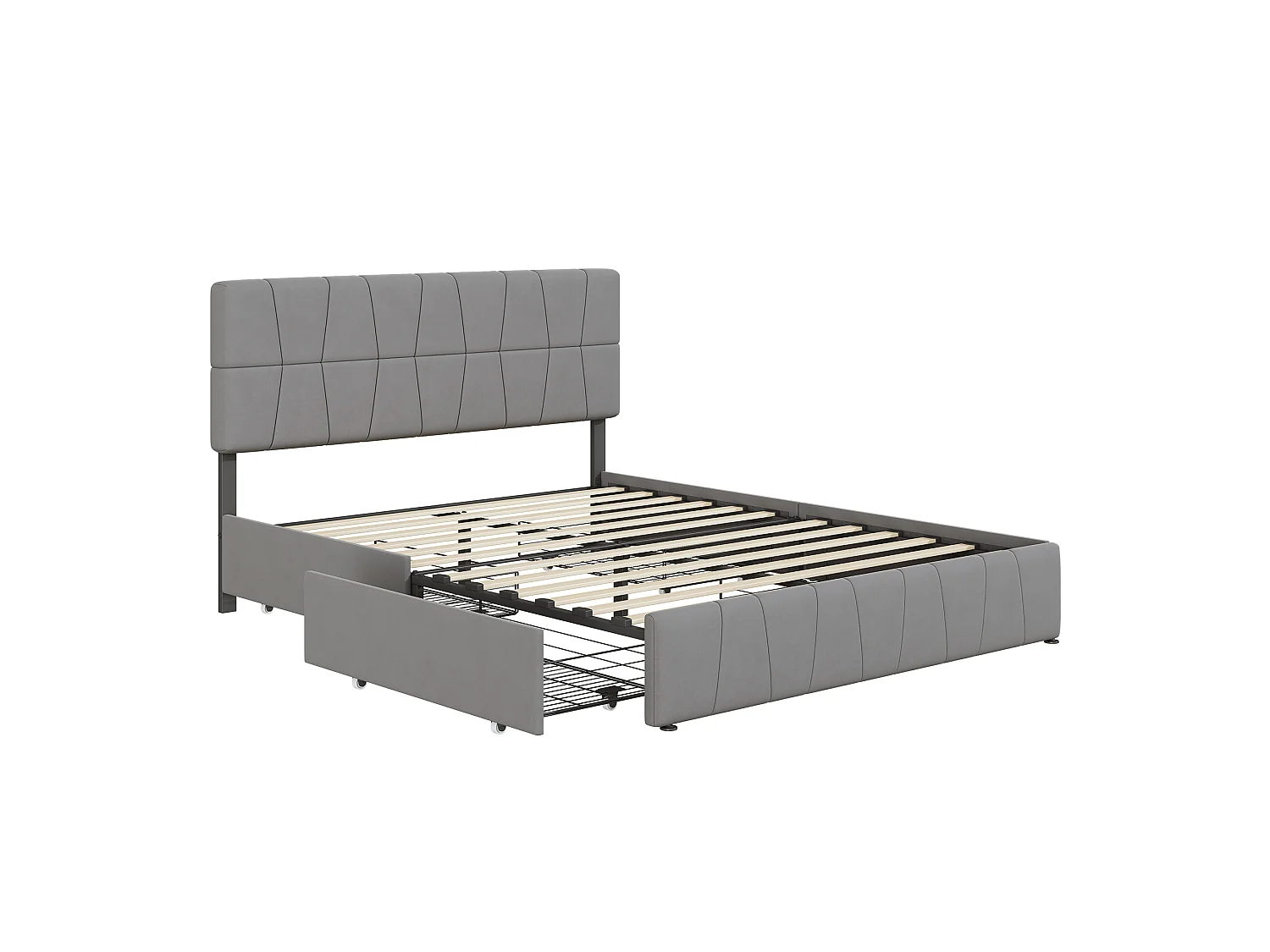 Moderne Grijze Fluweel Dubbel Bed met 4 Verborgen Laden, Stalen Frame, 160x200cm, Stille Wielen, Schuim met Hoge Dichtheid, Hypoallergeen
