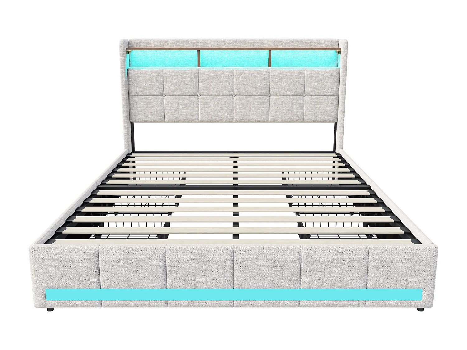 Beige Lin Upholstered Storage Bed - Doppelbettgestell mit USB-Ladeanschluss und dekorativer LED-Leiste - 140x200