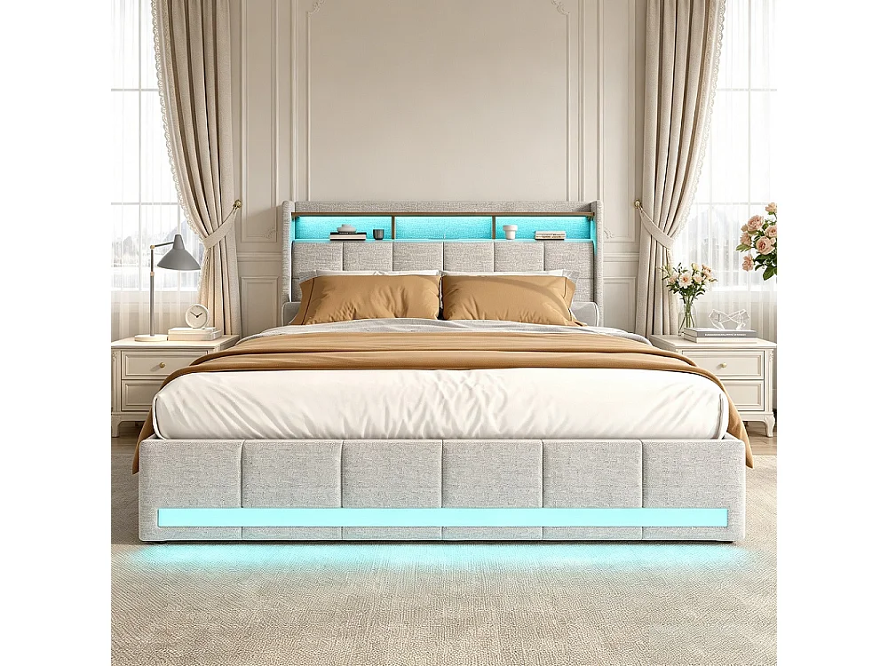 Beige Lin Upholstered Storage Bed - Doppelbettgestell mit USB-Ladeanschluss und dekorativer LED-Leiste - 140x200