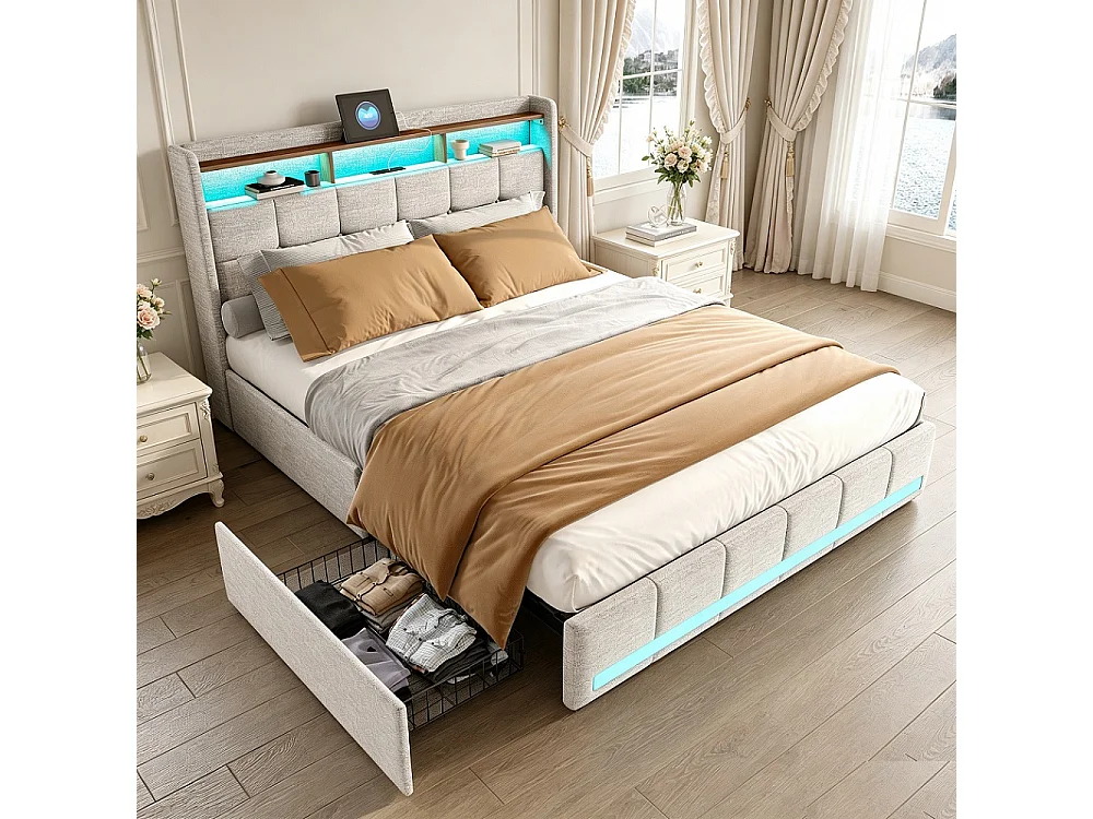 Beige Lin Upholstered Storage Bed - Doppelbettgestell mit USB-Ladeanschluss und dekorativer LED-Leiste - 140x200
