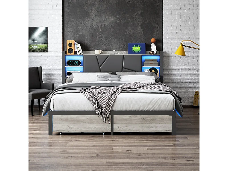 Lit Double Adulte 160x200 avec Rangement, Tiroirs et Bandes LED RGB - Contrôle APP - Tête de Lit en PU Confortable - Structure Moderne en Fer et Bois - Noir/Gris