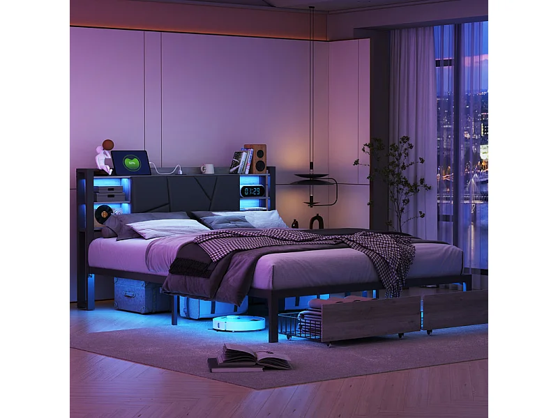 Lit Double Adulte 160x200 avec Rangement, Tiroirs et Bandes LED RGB - Contrôle APP - Tête de Lit en PU Confortable - Structure Moderne en Fer et Bois - Noir/Gris