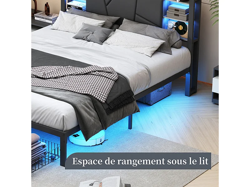 Lit Double Adulte 160x200 avec Rangement, Tiroirs et Bandes LED RGB - Contrôle APP - Tête de Lit en PU Confortable - Structure Moderne en Fer et Bois - Noir/Gris